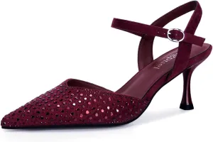 Burgundy Rhinestone Kitten Heels for Women Pointed Toe Wedding Party Shoes with Adjustable Buckle Elegant Prom Dress Heels 2.7 inch Stiletto Heel