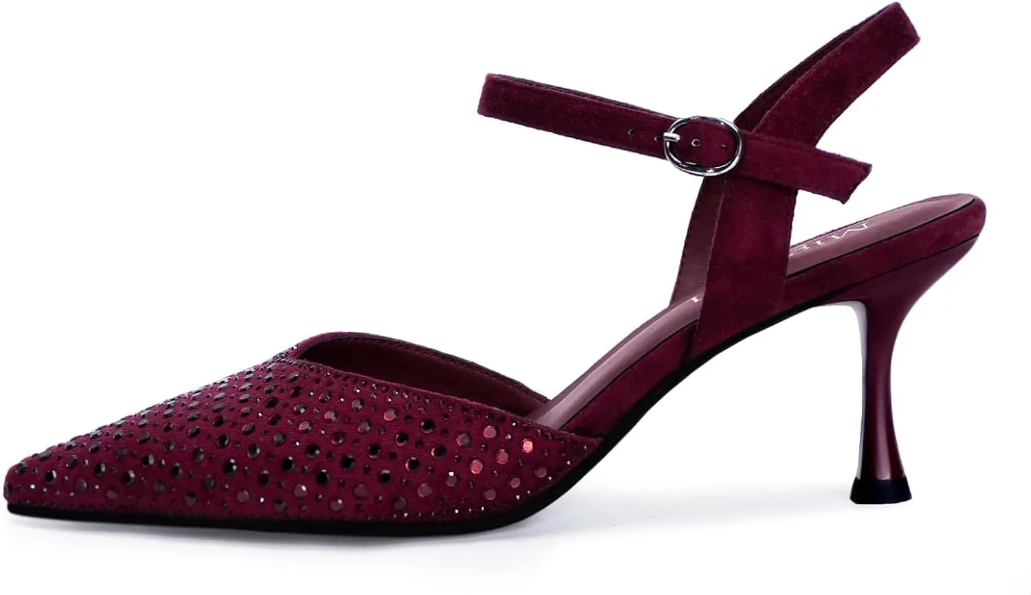 Burgundy Rhinestone Kitten Heels for Women Pointed Toe Wedding Party Shoes with Adjustable Buckle Elegant Prom Dress Heels 2.7 inch Stiletto Heel