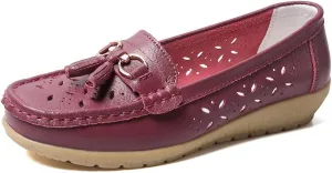 Casual Leather Wedge Shoes for Women Carved Flat Shoes Comfortable Driving Shoes