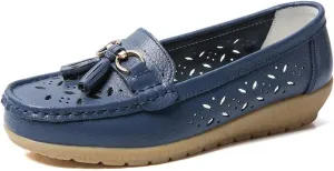 Casual Leather Wedge Shoes for Women Carved Flat Shoes Comfortable Driving Shoes