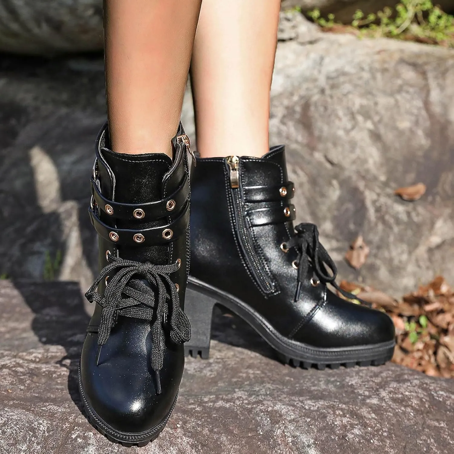 Cathalem Goth Boots for Women, Women's Lace up Combat Ankle Boots High Chunky Heel Fashion Heeled Booties Shoes