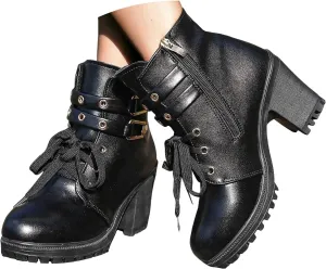 Cathalem Goth Boots for Women, Women's Lace up Combat Ankle Boots High Chunky Heel Fashion Heeled Booties Shoes