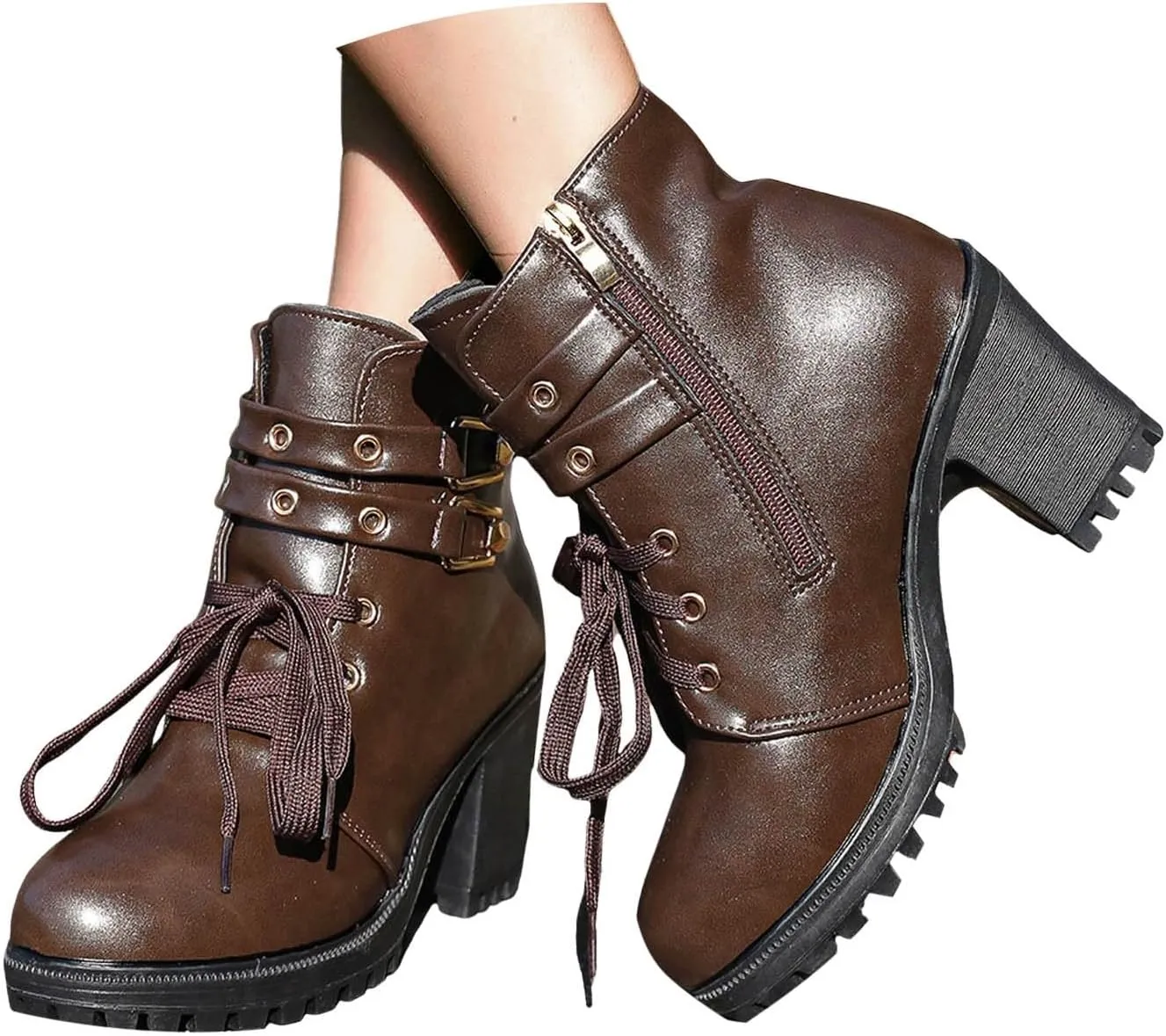 Cathalem Goth Boots for Women, Women's Lace up Combat Ankle Boots High Chunky Heel Fashion Heeled Booties Shoes
