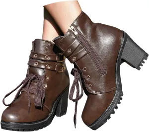 Cathalem Goth Boots for Women, Women's Lace up Combat Ankle Boots High Chunky Heel Fashion Heeled Booties Shoes