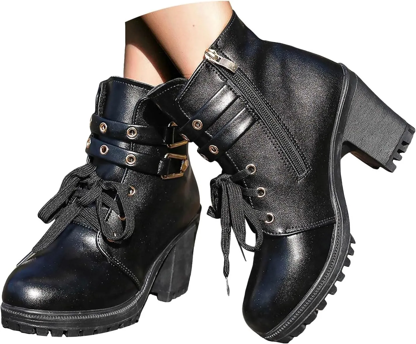 Cathalem Goth Boots for Women, Women's Lace up Combat Ankle Boots High Chunky Heel Fashion Heeled Booties Shoes