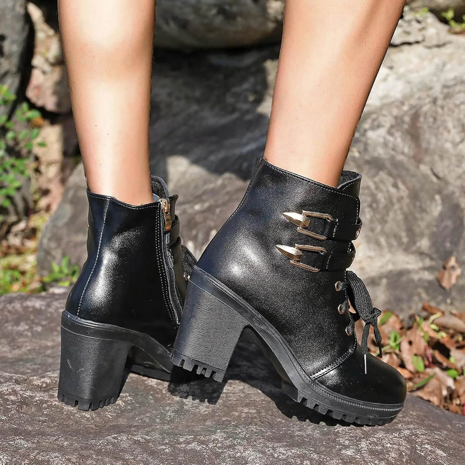 Cathalem Goth Boots for Women, Women's Lace up Combat Ankle Boots High Chunky Heel Fashion Heeled Booties Shoes