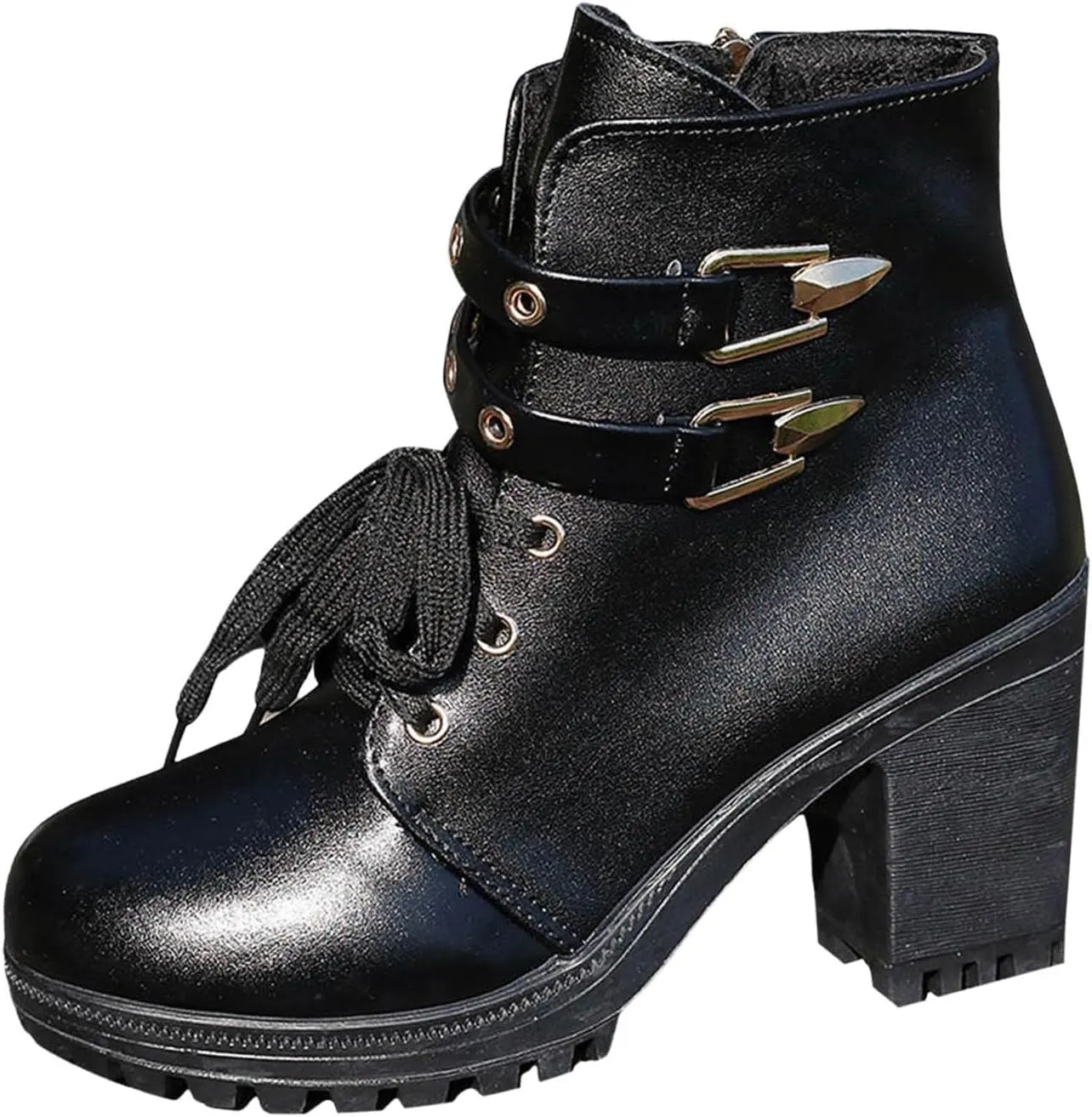 Cathalem Goth Boots for Women, Women's Lace up Combat Ankle Boots High Chunky Heel Fashion Heeled Booties Shoes