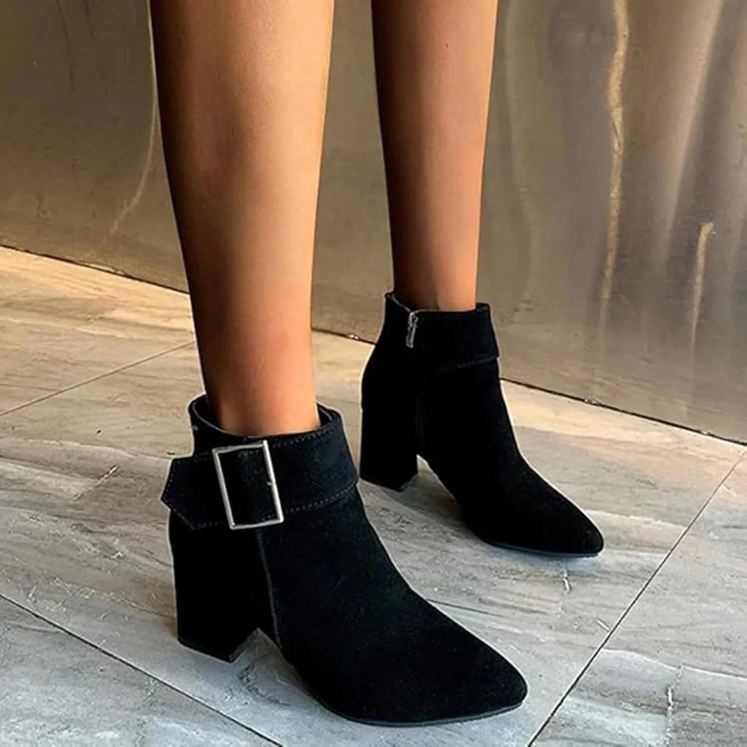 Cathalem Womens Ankle Boots Pointed Toe Chunky Stacked Heel Side Zipper Dress Fall Booties Shoes Fall Boots for Women 2024