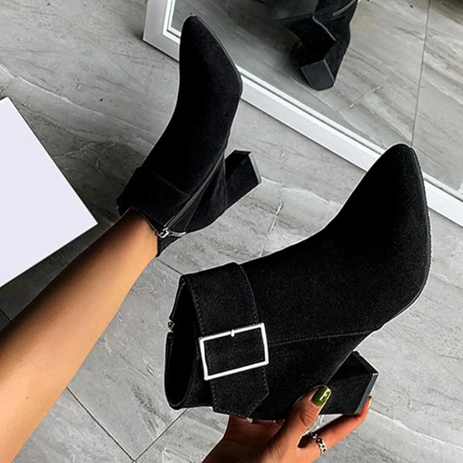 Cathalem Womens Ankle Boots Pointed Toe Chunky Stacked Heel Side Zipper Dress Fall Booties Shoes Fall Boots for Women 2024