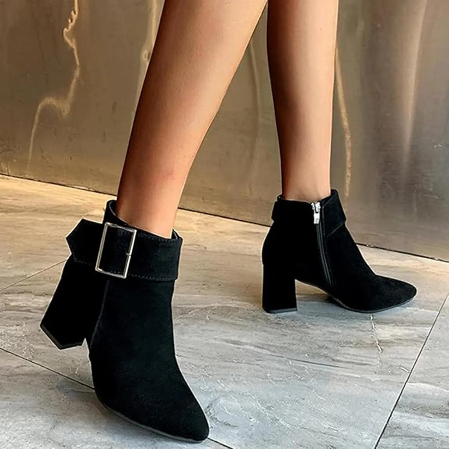 Cathalem Womens Ankle Boots Pointed Toe Chunky Stacked Heel Side Zipper Dress Fall Booties Shoes Fall Boots for Women 2024