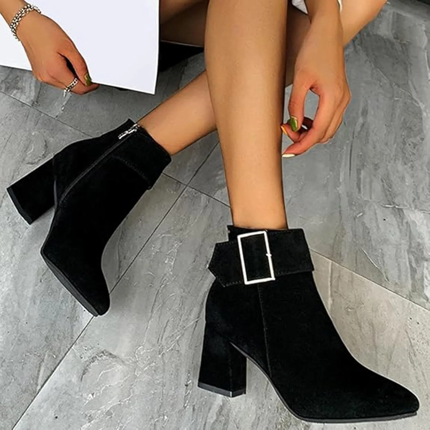Cathalem Womens Ankle Boots Pointed Toe Chunky Stacked Heel Side Zipper Dress Fall Booties Shoes Fall Boots for Women 2024