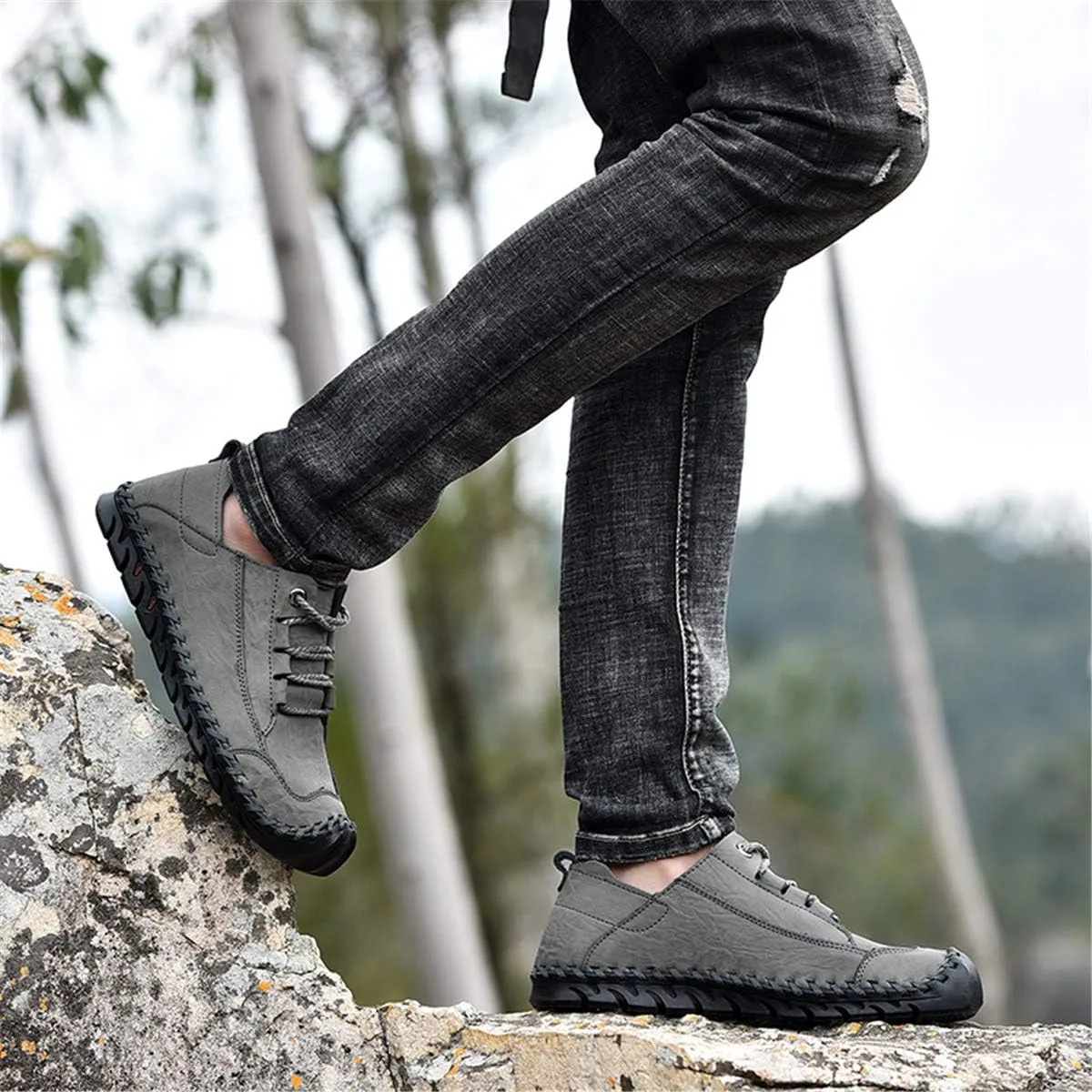 ChicWind Men's Hand Stitching Breathable Leather Sneakers Comfort Lace Up Driving Shoes