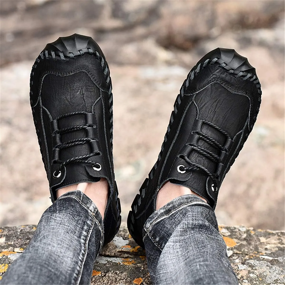 ChicWind Men's Hand Stitching Breathable Leather Sneakers Comfort Lace Up Driving Shoes