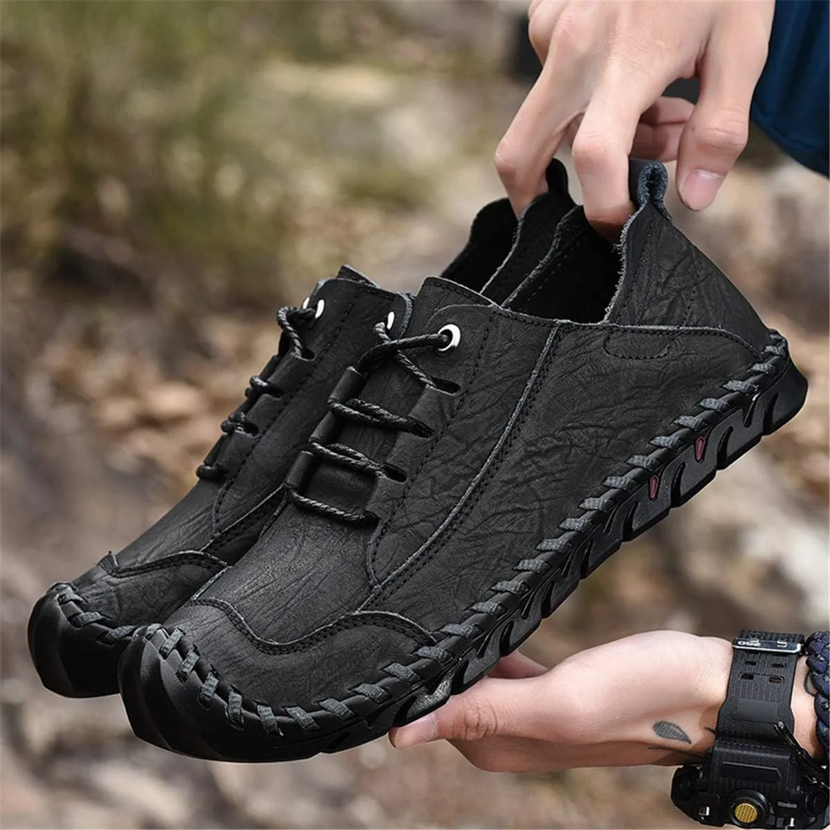 ChicWind Men's Hand Stitching Breathable Leather Sneakers Comfort Lace Up Driving Shoes