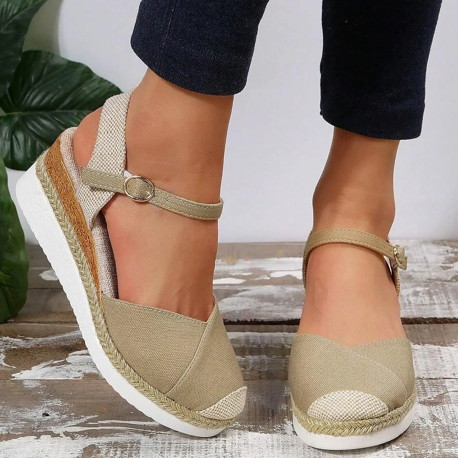 Closed Toe Platform Sandals for Women Buckle Ankle Strap Espadrilles Dressy Platform Shoes Summer Anti Slip Wedges Shoes