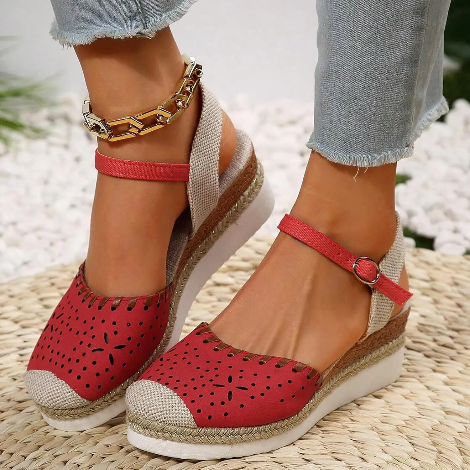 Closed Toe Platform Sandals for Women Buckle Ankle Strap Espadrilles Dressy Platform Shoes Summer Anti Slip Wedges Shoes