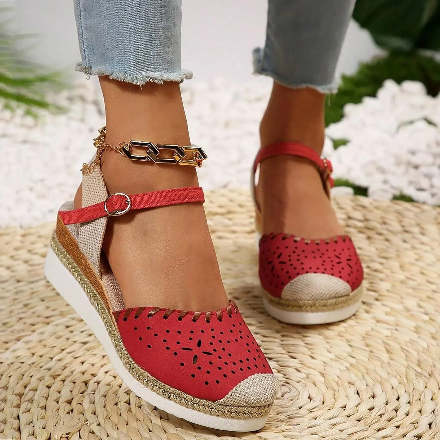 Closed Toe Platform Sandals for Women Buckle Ankle Strap Espadrilles Dressy Platform Shoes Summer Anti Slip Wedges Shoes