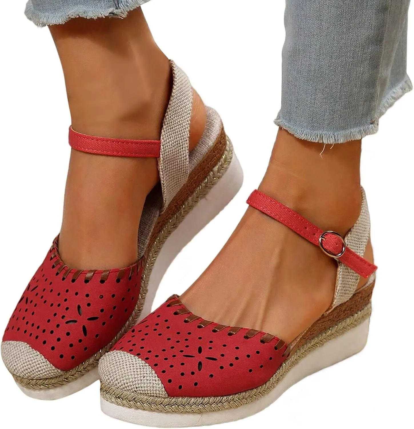 Closed Toe Platform Sandals for Women Buckle Ankle Strap Espadrilles Dressy Platform Shoes Summer Anti Slip Wedges Shoes