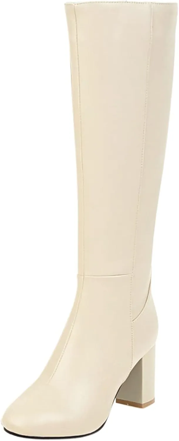 Combat Boots Womens Casual Square Heel Thigh High Boots Zipper Knee High Boots Pointed Pull On Tall Bootie