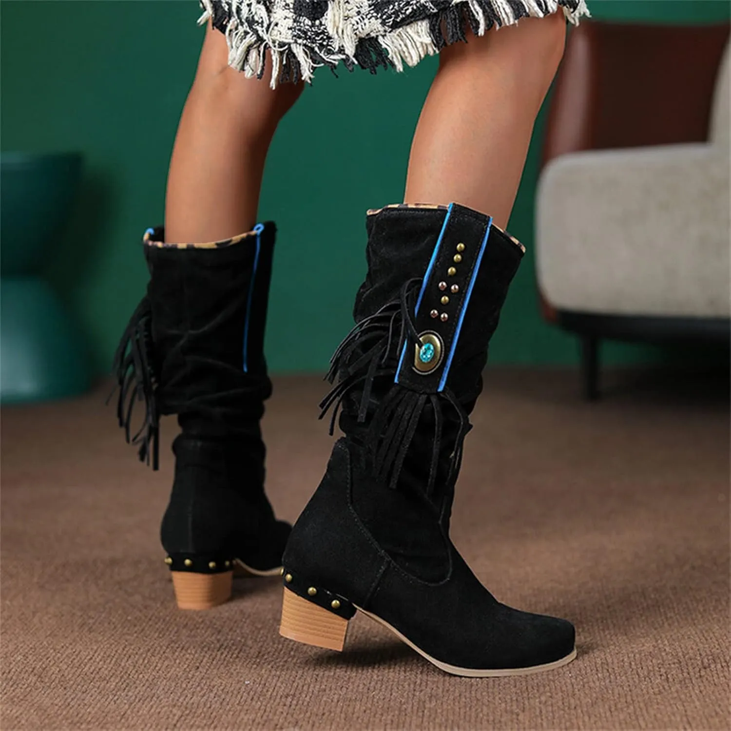 Combat Boots Womens Casual Square Heel Thigh High Boots Zipper Knee High Boots Pointed Pull On Tall Bootie