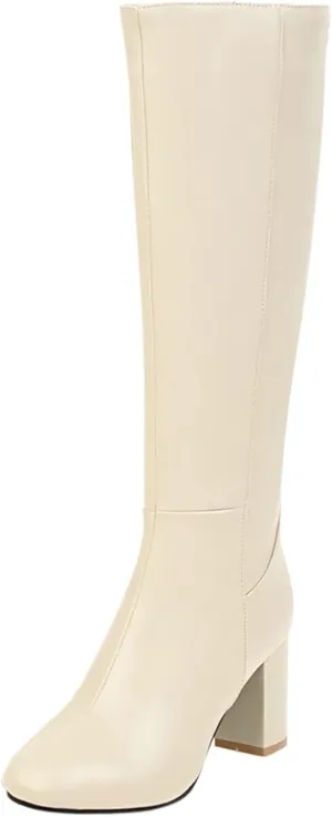 Combat Boots Womens Casual Square Heel Thigh High Boots Zipper Knee High Boots Pointed Pull On Tall Bootie
