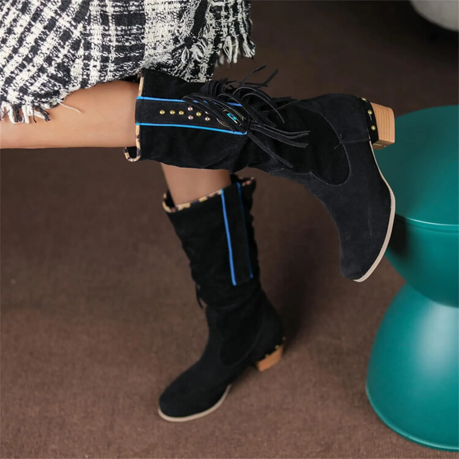 Combat Boots Womens Casual Square Heel Thigh High Boots Zipper Knee High Boots Pointed Pull On Tall Bootie