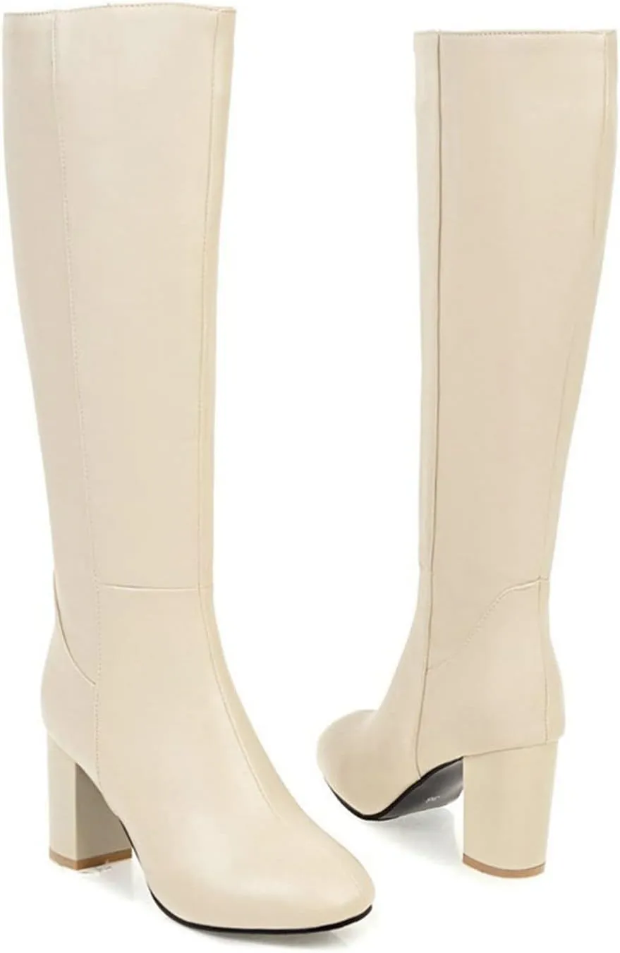Combat Boots Womens Casual Square Heel Thigh High Boots Zipper Knee High Boots Pointed Pull On Tall Bootie