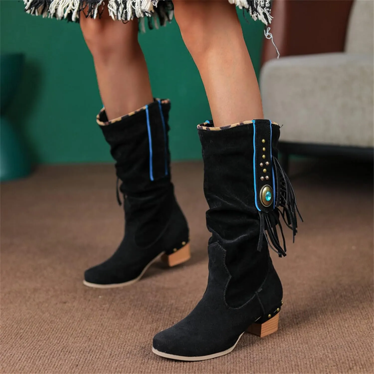 Combat Boots Womens Casual Square Heel Thigh High Boots Zipper Knee High Boots Pointed Pull On Tall Bootie