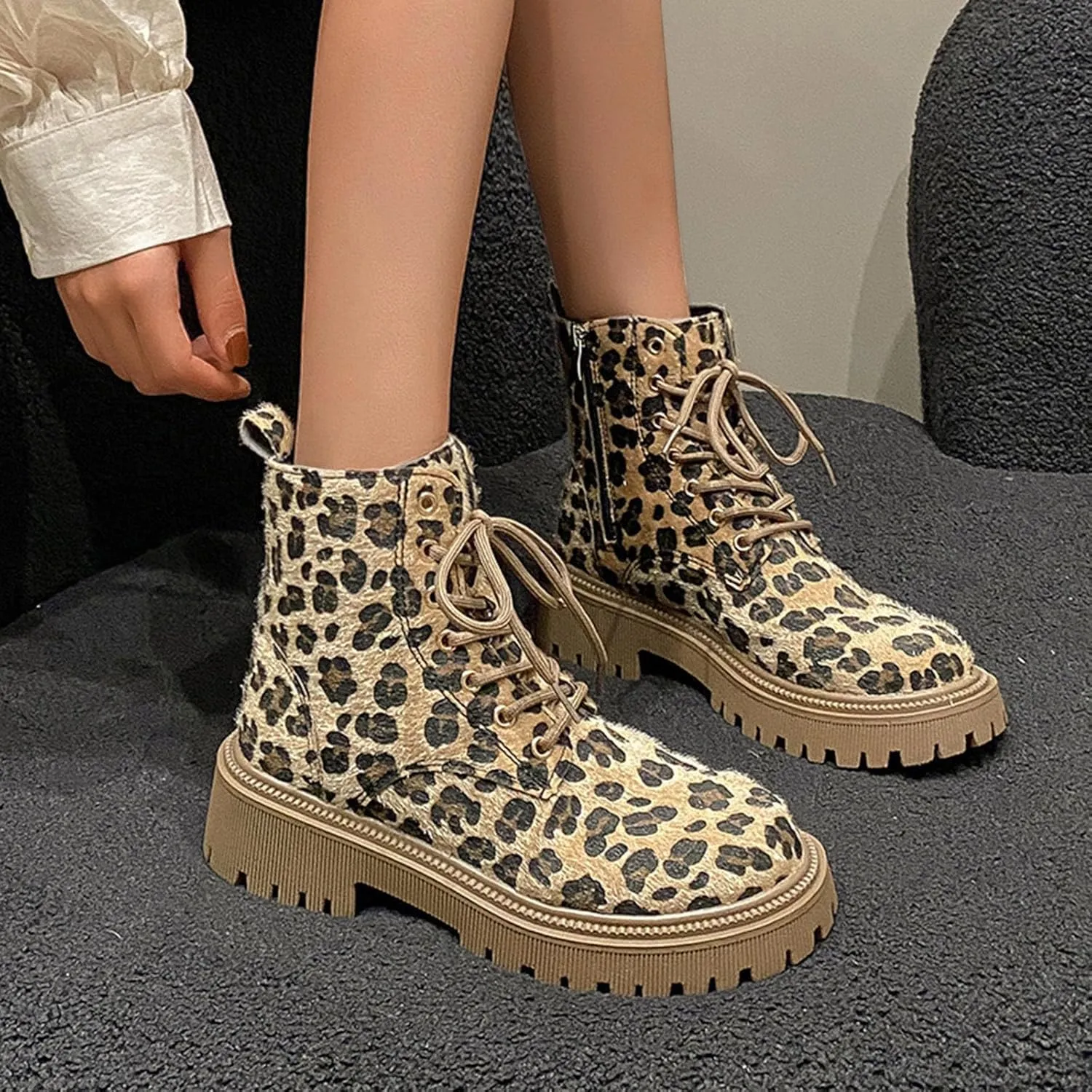 Combat Boots Womens,Leopard Boots for Women,Women's Lace up Y2K Ankle Combat Boots Chunky Fashion Booties Shoes,Platform Cheetah print Boots for Women,Women's Combat Boots Dressy