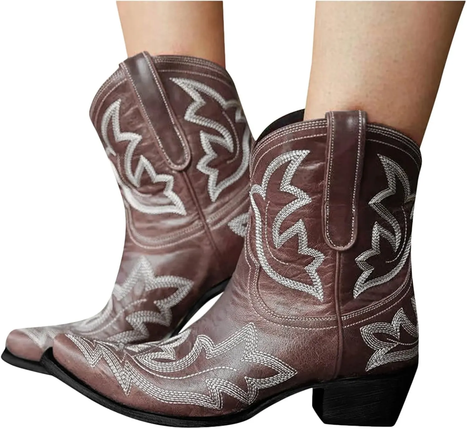 Cowboy Boots for Women Embroided Western Cowgirl Boots Pull on Ankle Boots Pointed Toe Boots Chunky Heel Pull On Short Boots