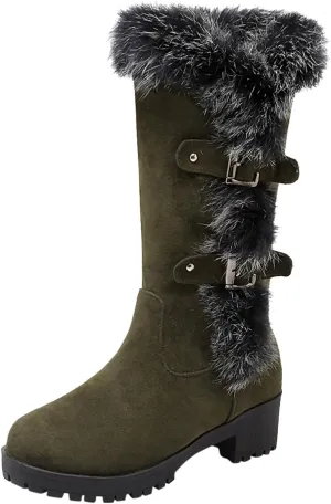 Cowboy Boots For Women Keep Warm Hairy Suede Mid Calf Snow Boots Lace Low Block Heel Snow Winter Long Bootie