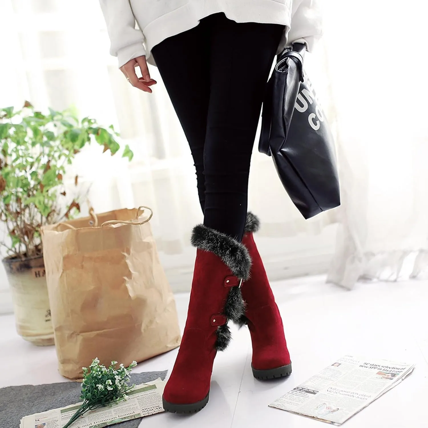 Cowboy Boots For Women Keep Warm Hairy Suede Mid Calf Snow Boots Lace Low Block Heel Snow Winter Long Bootie