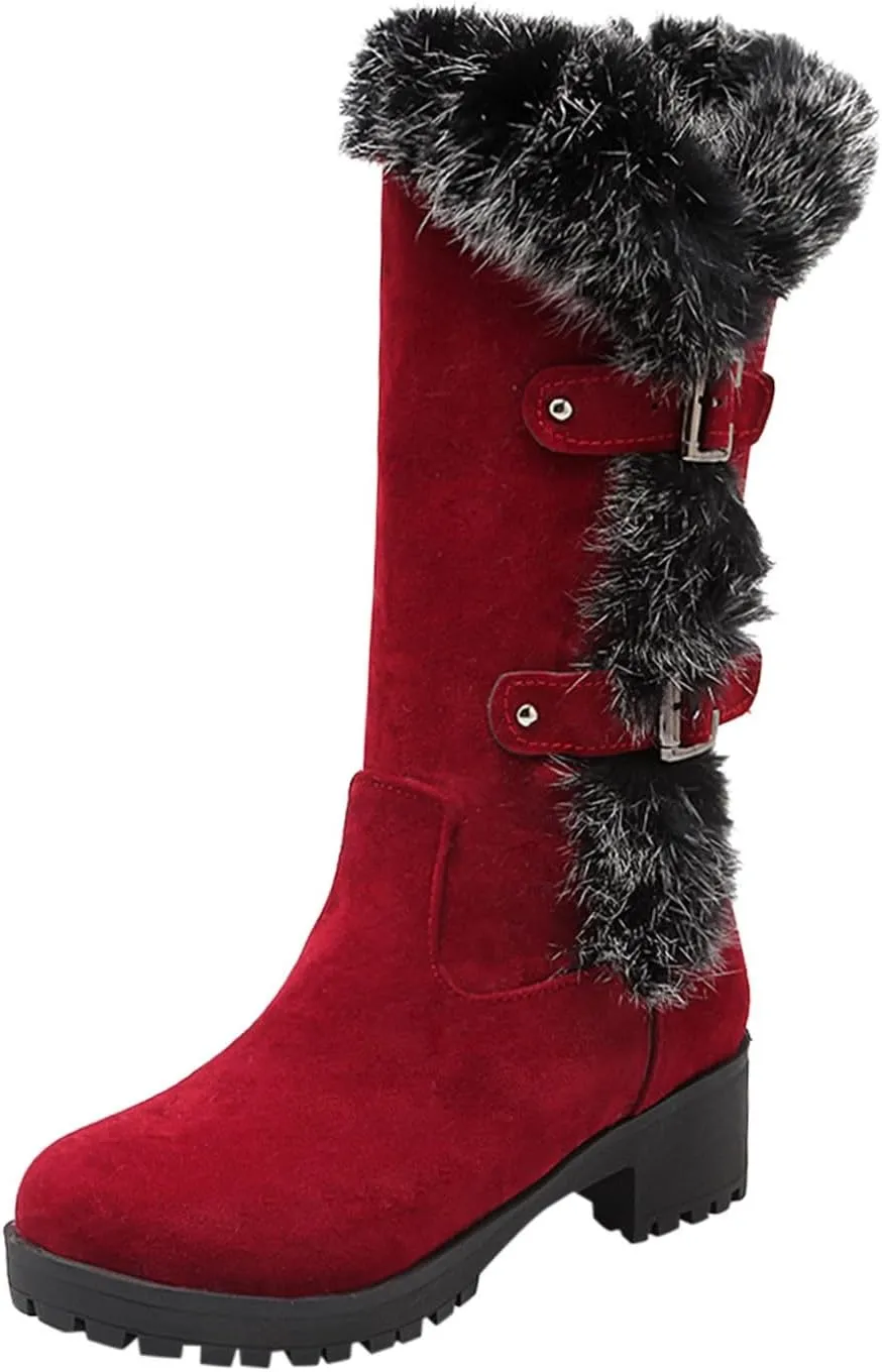 Cowboy Boots For Women Keep Warm Hairy Suede Mid Calf Snow Boots Lace Low Block Heel Snow Winter Long Bootie