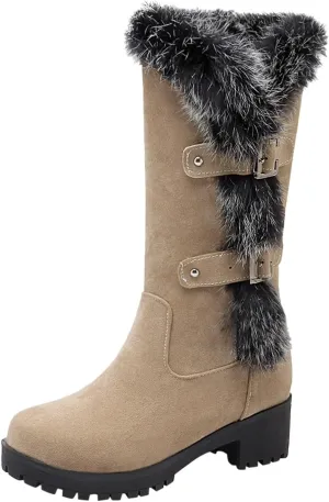 Cowboy Boots For Women Keep Warm Hairy Suede Mid Calf Snow Boots Lace Low Block Heel Snow Winter Long Bootie