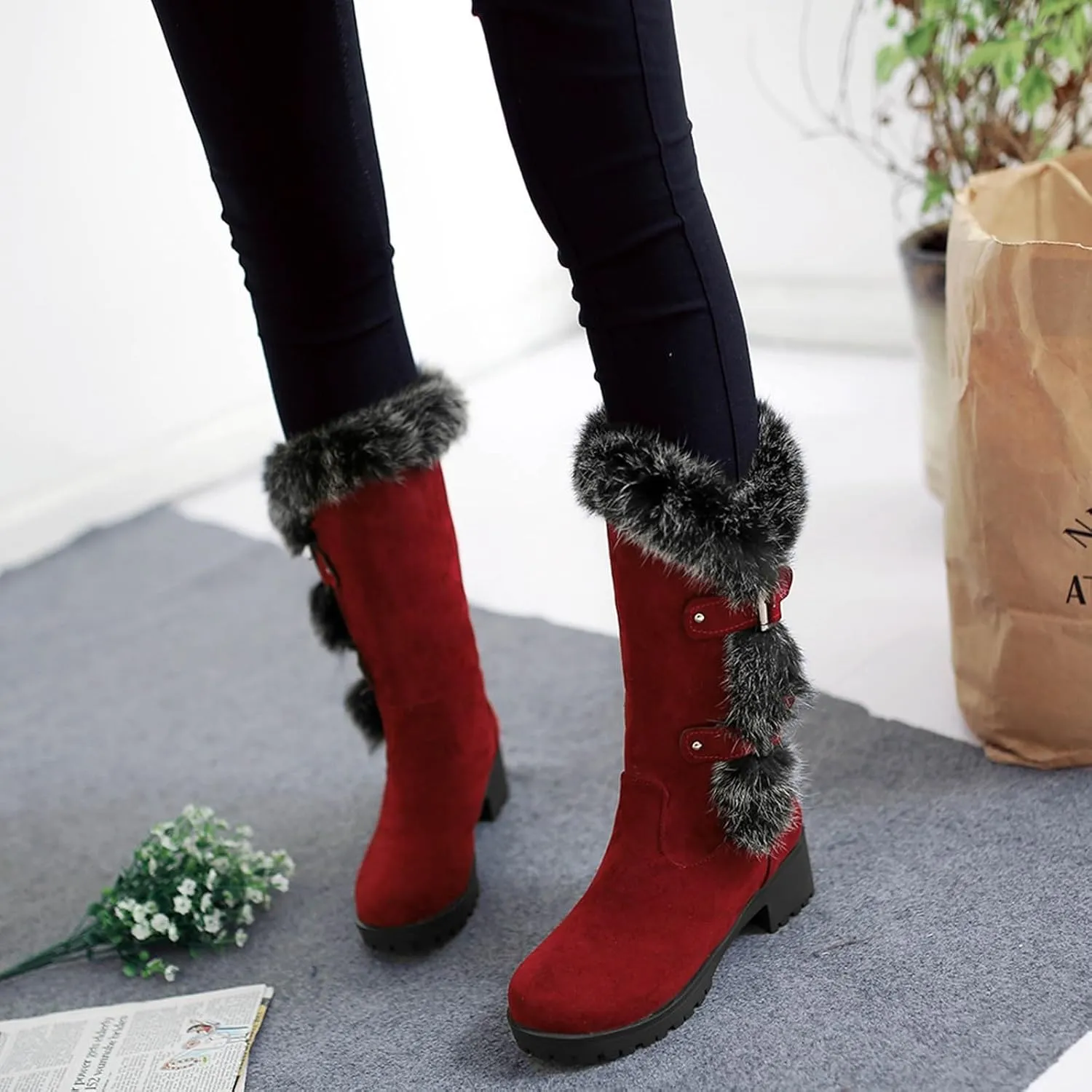 Cowboy Boots For Women Keep Warm Hairy Suede Mid Calf Snow Boots Lace Low Block Heel Snow Winter Long Bootie
