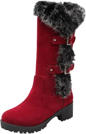 Cowboy Boots For Women Keep Warm Hairy Suede Mid Calf Snow Boots Lace Low Block Heel Snow Winter Long Bootie