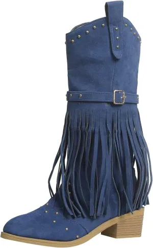 Cowboy Boots for Women Western Fashion Pointed Toe Chunky Heel Embroidered Fringe Mid Calf Riding Cowgirl Booties Side Zipper