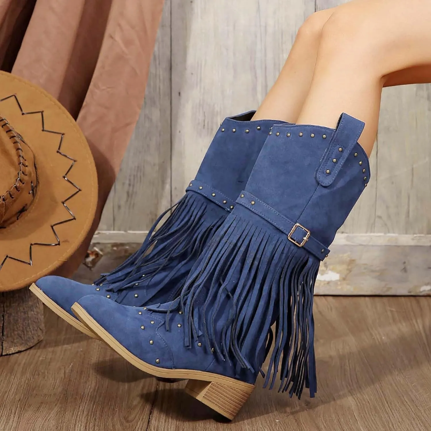 Cowboy Boots for Women Western Fashion Pointed Toe Chunky Heel Embroidered Fringe Mid Calf Riding Cowgirl Booties Side Zipper