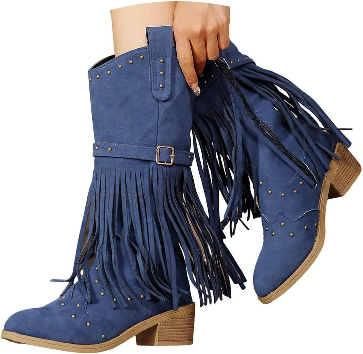 Cowboy Boots for Women Western Fashion Pointed Toe Chunky Heel Embroidered Fringe Mid Calf Riding Cowgirl Booties Side Zipper