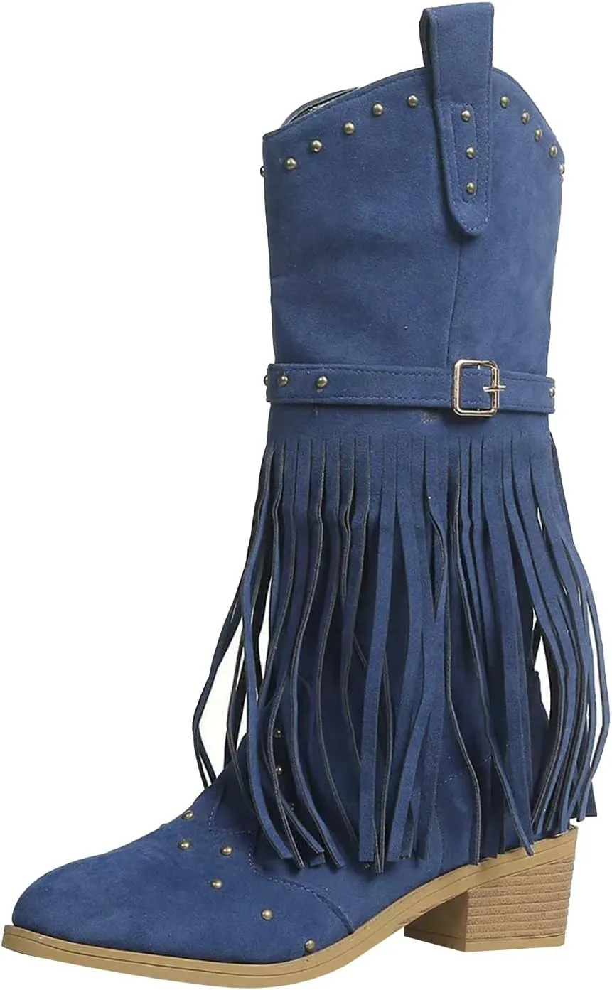 Cowboy Boots for Women Western Fashion Pointed Toe Chunky Heel Embroidered Fringe Mid Calf Riding Cowgirl Booties Side Zipper