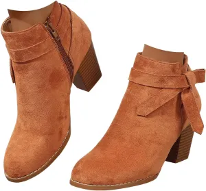 Cowgirl Boots Women Side Zipper Ankle Boots Suede Pointy Toe Block Chunky Short Heels Girls Ladies Fall Winter