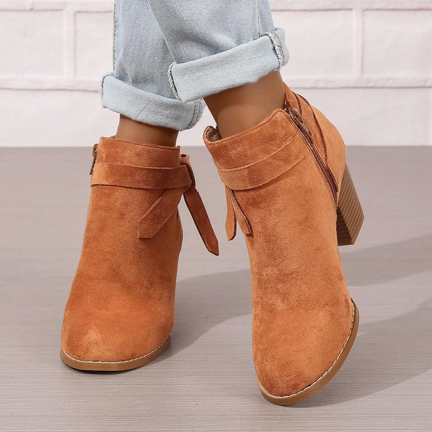 Cowgirl Boots Women Side Zipper Ankle Boots Suede Pointy Toe Block Chunky Short Heels Girls Ladies Fall Winter