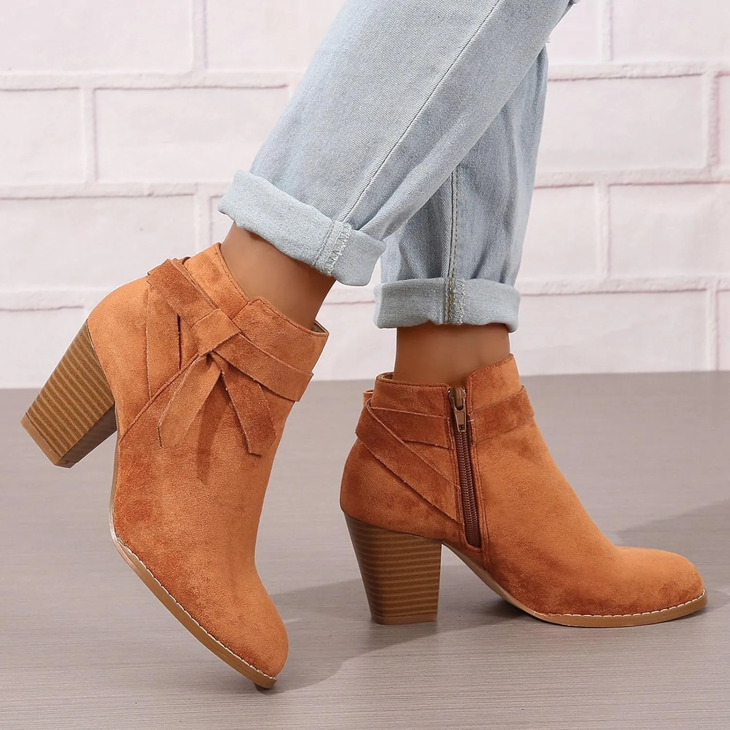Cowgirl Boots Women Side Zipper Ankle Boots Suede Pointy Toe Block Chunky Short Heels Girls Ladies Fall Winter