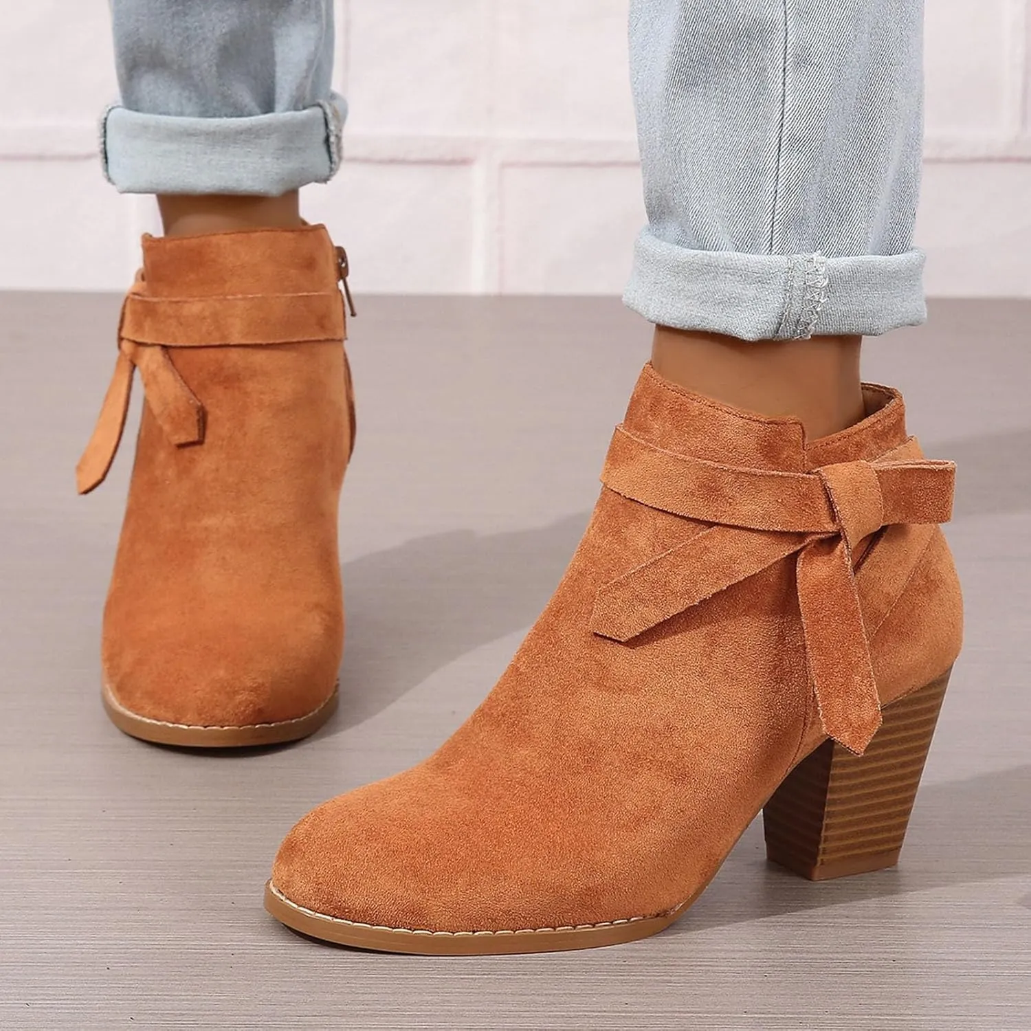 Cowgirl Boots Women Side Zipper Ankle Boots Suede Pointy Toe Block Chunky Short Heels Girls Ladies Fall Winter