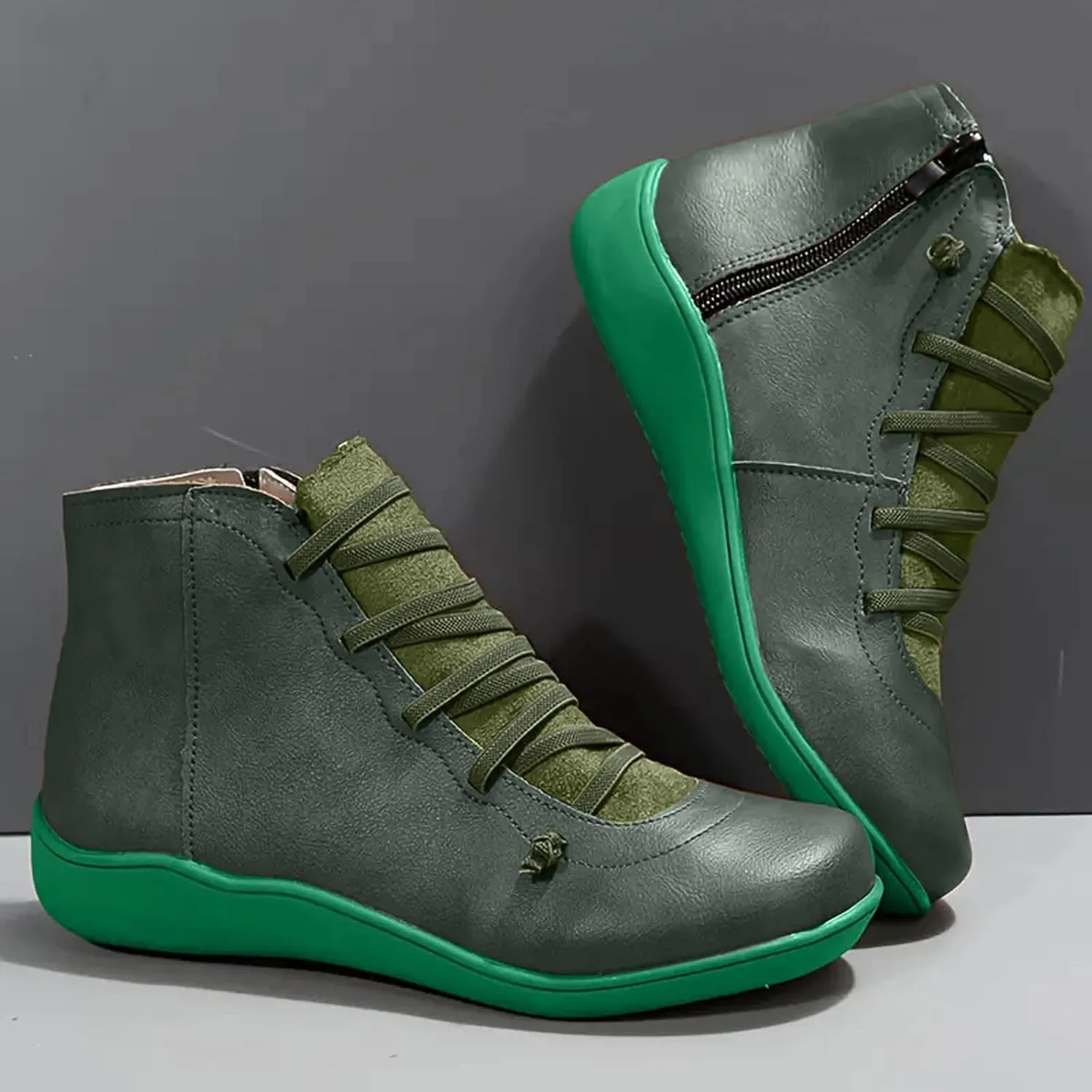 Cowgirl Boots Women's Side Zipper Ankle Boots Lace-Up Hiking Daily Short Flat Booties For Ladies Fall Winter