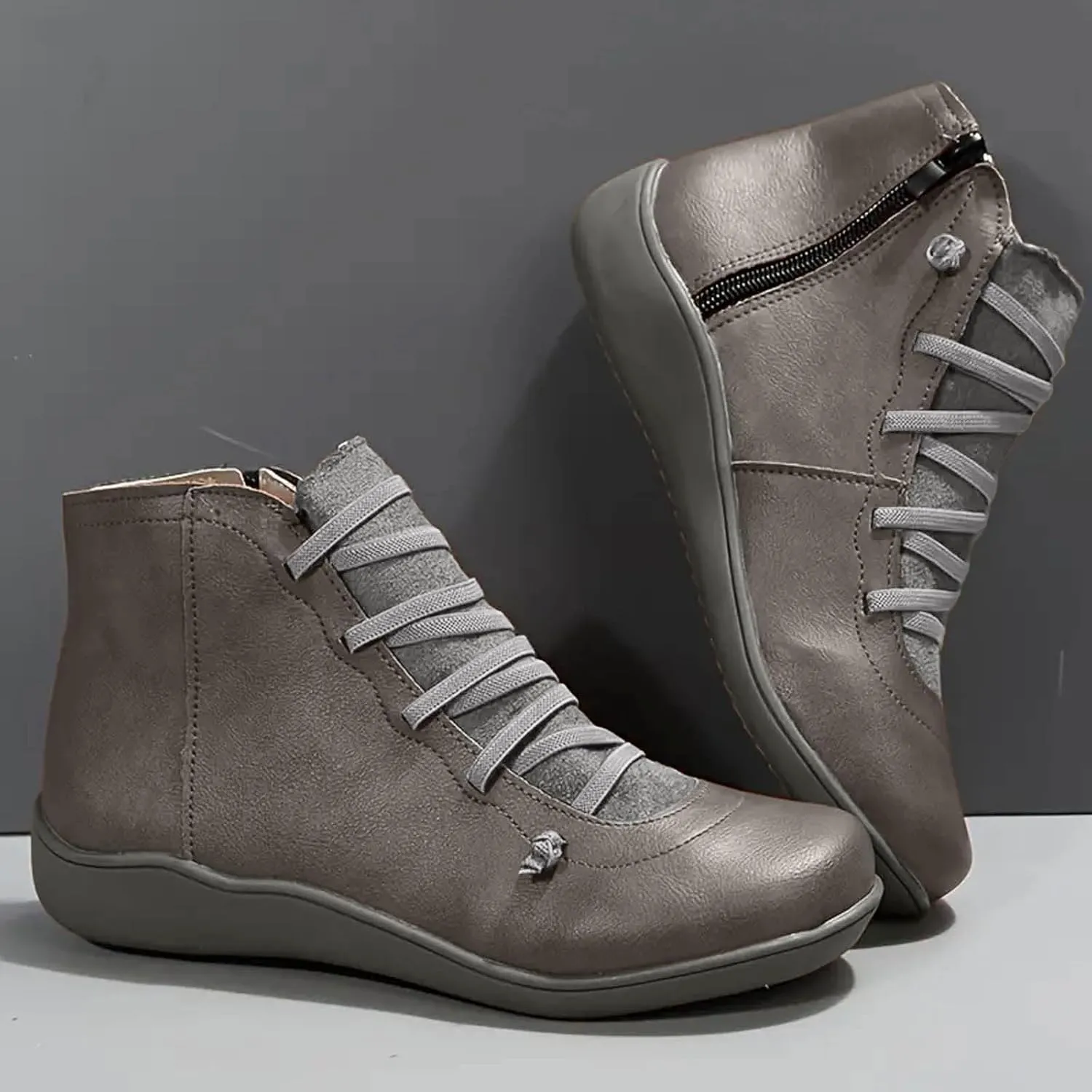 Cowgirl Boots Women's Side Zipper Ankle Boots Lace-Up Hiking Daily Short Flat Booties For Ladies Fall Winter