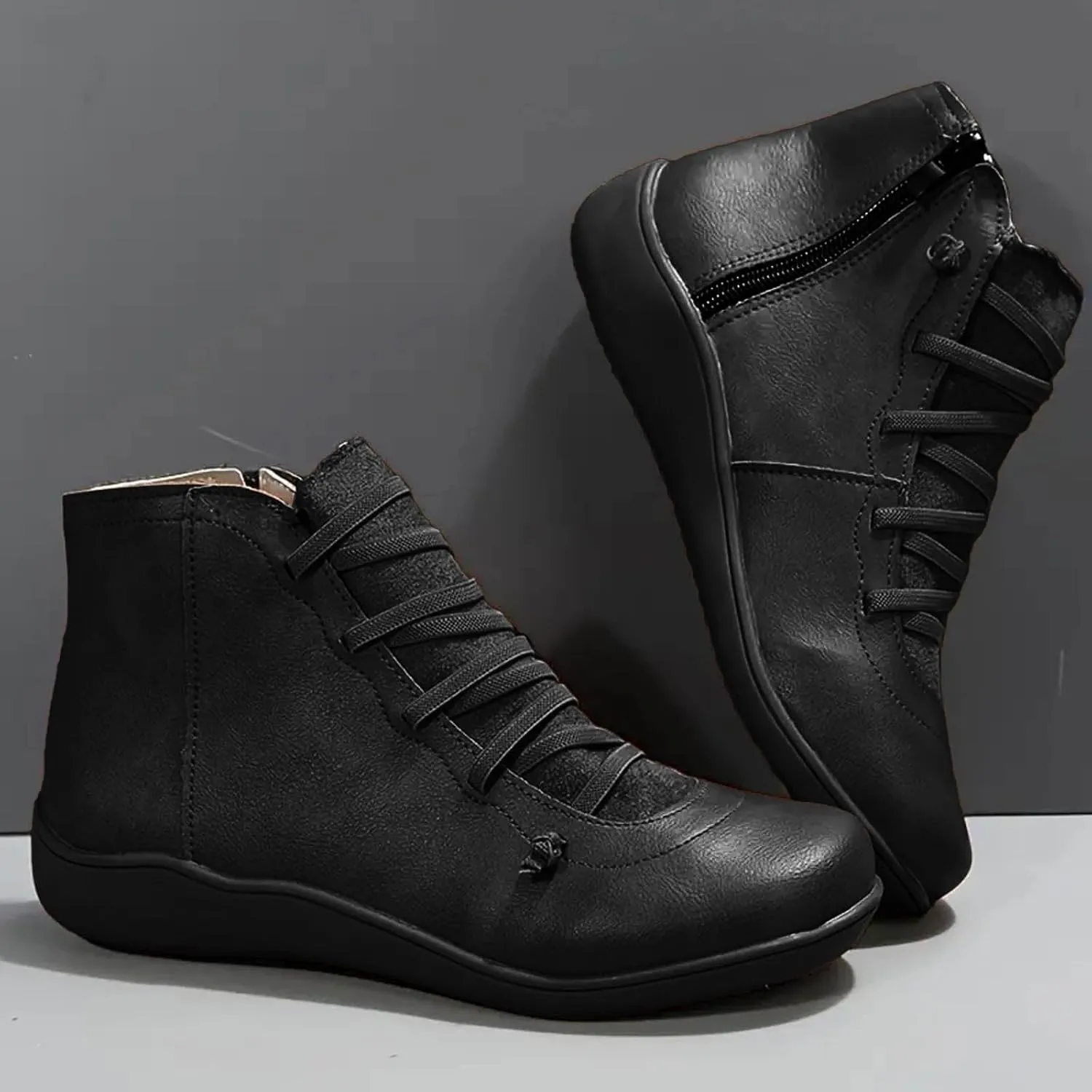 Cowgirl Boots Women's Side Zipper Ankle Boots Lace-Up Hiking Daily Short Flat Booties For Ladies Fall Winter