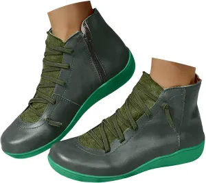 Cowgirl Boots Women's Side Zipper Ankle Boots Lace-Up Hiking Daily Short Flat Booties For Ladies Fall Winter