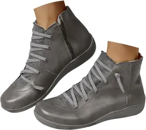 Cowgirl Boots Women's Side Zipper Ankle Boots Lace-Up Hiking Daily Short Flat Booties For Ladies Fall Winter
