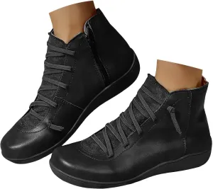 Cowgirl Boots Women's Side Zipper Ankle Boots Lace-Up Hiking Daily Short Flat Booties For Ladies Fall Winter